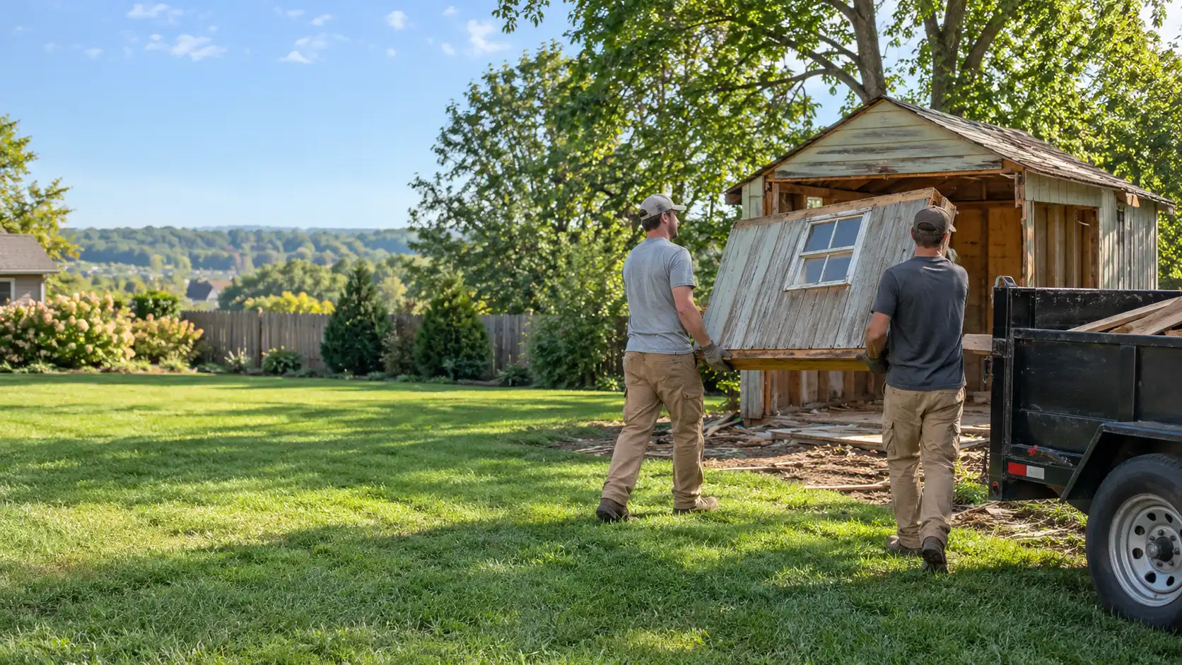 Workers carrying a dismantled wooden shed panel toward a trailer