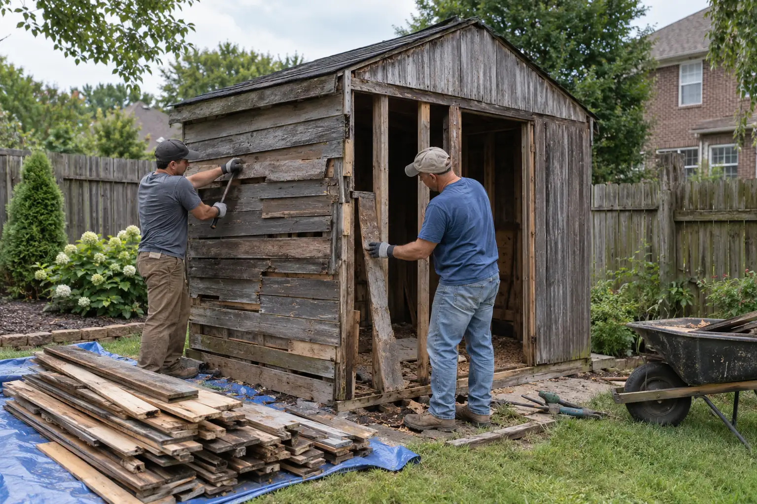 A wooden garden shed being dismantled in controlled sections
